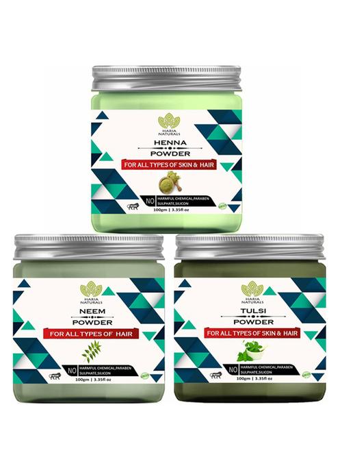 100% pure & naturals henna powder 100gm & neem powder 100gm & tulsi powder 100gm (pack of 3) 300gm - 18638354 - Very Small Image - 1