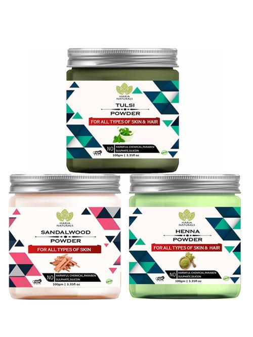 100% pure & naturals tulsi powder 100gm & sandalwood powder 100gm & henna powder 100gm (pack of 3) 300gm - 18638372 - Very Small Image - 1