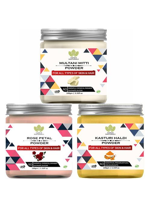 100% pure & naturals multani mitti powder 100gm & rose petal powder 100gm & kasturi haldi powder 100gm (pack of 3) 300gm - 18638412 - Very Small Image - 1