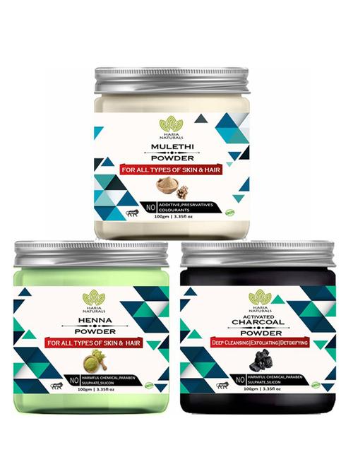 100% pure & naturals mulethi powder 100gm & henna powder 100gm & charcoal powder 100gm (pack of 3) 300gm - 18638424 - Very Small Image - 1