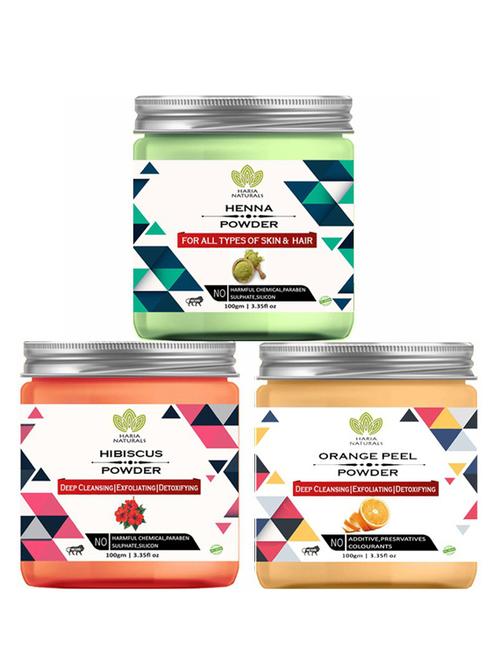 100% pure & naturals henna powder 100gm & hibiscus powder 100gm & orange peel powder 100gm (pack of 3) 300gm - 18638448 - Very Small Image - 1