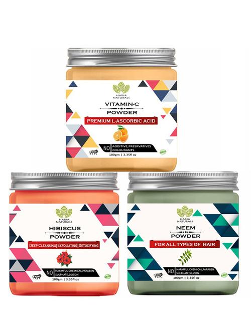 100% pure & naturals vitamin-c powder 100gm & hibiscus powder 100gm & neem powder 100gm (pack of 3) 300gm - 18638459 - Very Small Image - 1