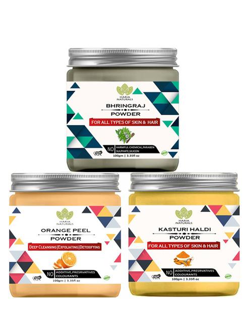 100% pure & naturals bhringraj powder 100gm & orange peel powder 100gm & kasturi haldi powder 100gm (pack of 3) 300gm - 18638461 - Very Small Image - 1