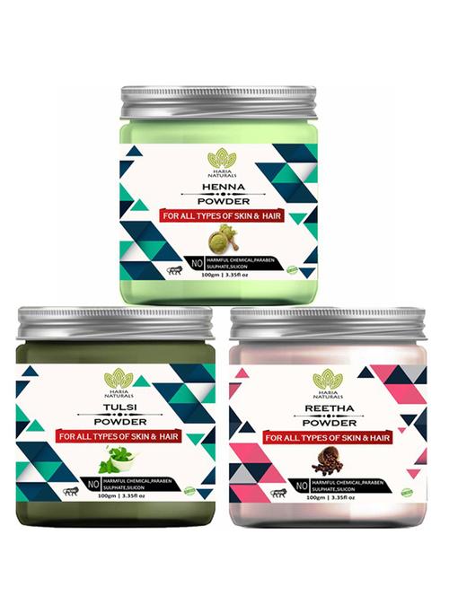 100% pure & naturals henna powder 100gm & tulsi  powder 100gm & reetha powder 100gm (pack of 3) 300gm - 18638473 - Very Small Image - 1