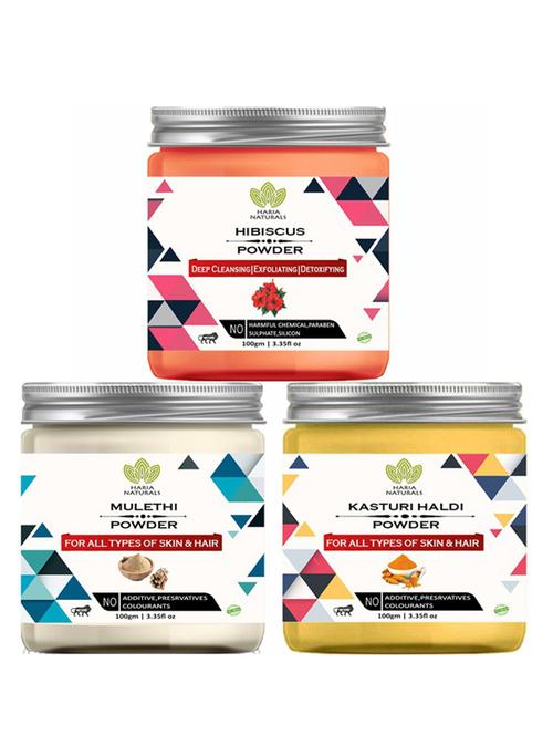 100% pure & naturals hibiscus powder 100gm & mulethi powder 100gm & kasturi haldi powder 100gm (pack of 3) 300gm - 18638489 - Very Small Image - 1