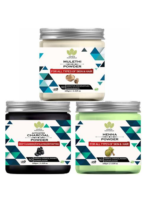 100% pure & naturals mulethi powder 100gm & charcoal powder 100gm & henna powder 100gm (pack of 3) 300gm - 18638531 - Very Small Image - 1