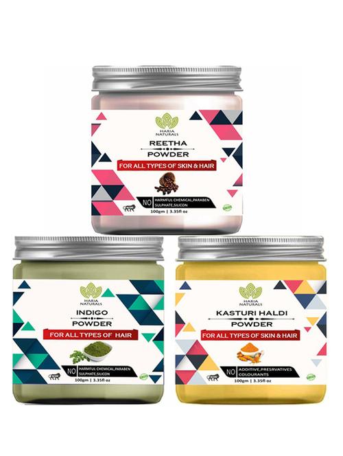 100% pure & naturals reetha powder 100gm & indigo powder 100gm & kasturi haldi powder 100gm (pack of 3) 300gm - 18638556 - Very Small Image - 1