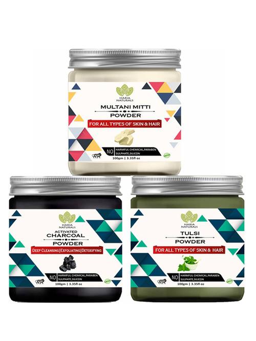100% pure & naturals multani mitti powder 100gm & charcoal powder 100gm & tulsi powder 100gm (pack of 3) 300gm - 18638559 - Very Small Image - 1