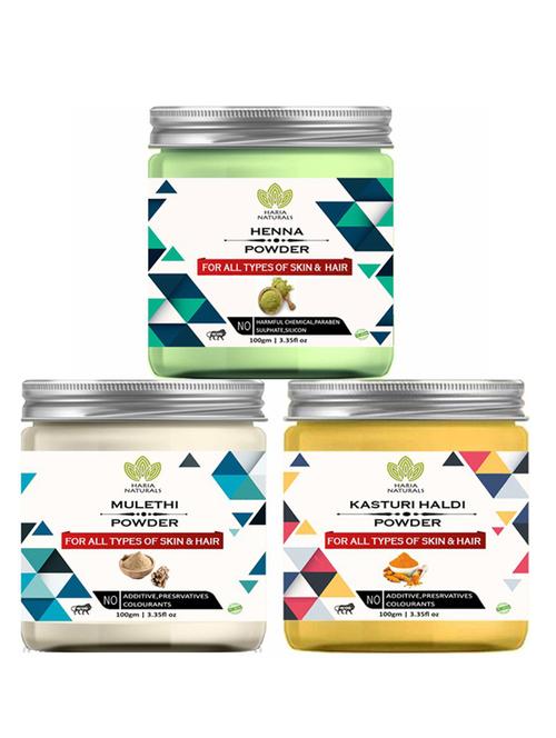 100% pure & naturals henna powder 100gm & mulethi powder 100gm & kasturi haldi powder 100gm (pack of 3) 300gm - 18638581 - Very Small Image - 1