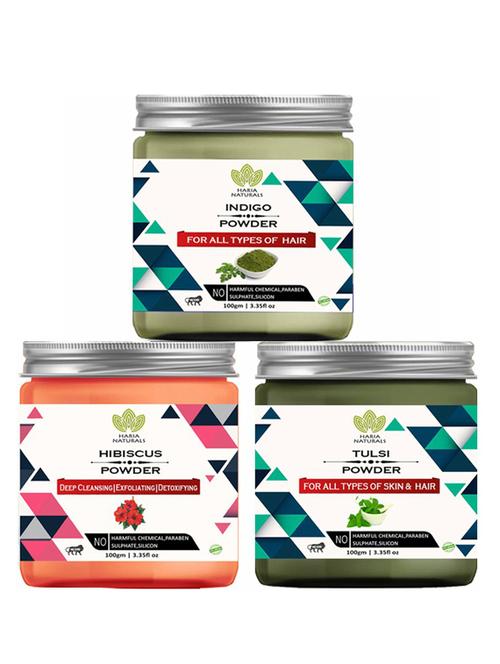 100% pure & naturals indigo powder 100gm & hibiscus powder 100gm & tulsi powder 100gm (pack of 3) 300gm - 18638594 - Very Small Image - 1