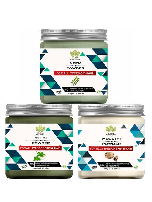 100% pure & naturals neem powder 100gm & tulsi powder 100gm & mulethi powder 100gm (pack of 3) 300gm - 18638601 - Very Small Image - 1