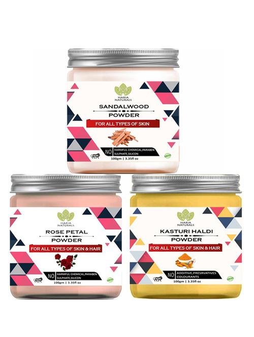 100% pure & naturals sandalwood powder 100gm & rose petal powder 100gm & kasturi haldi powder 100gm (pack of 3) 300gm - 18638607 - Very Small Image - 1