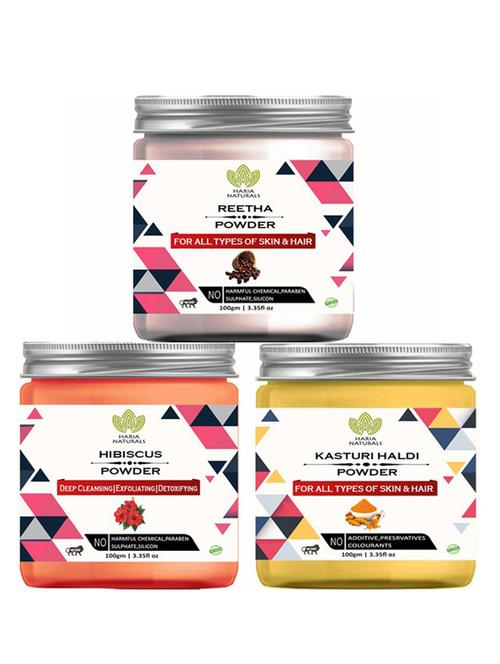 100% pure & naturals reetha powder 100gm & hibiscus powder 100gm & kasturi haldi powder 100gm (pack of 3) 300gm - 18638623 - Very Small Image - 1