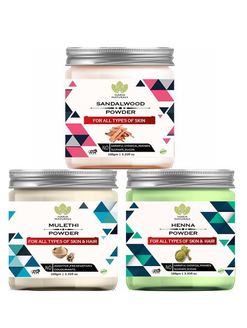 100% pure & naturals sandalwood powder 100gm & mulethi powder 100gm & henna powder 100gm (pack of 3) 300gm - 18638681 - Very Small Image - 1