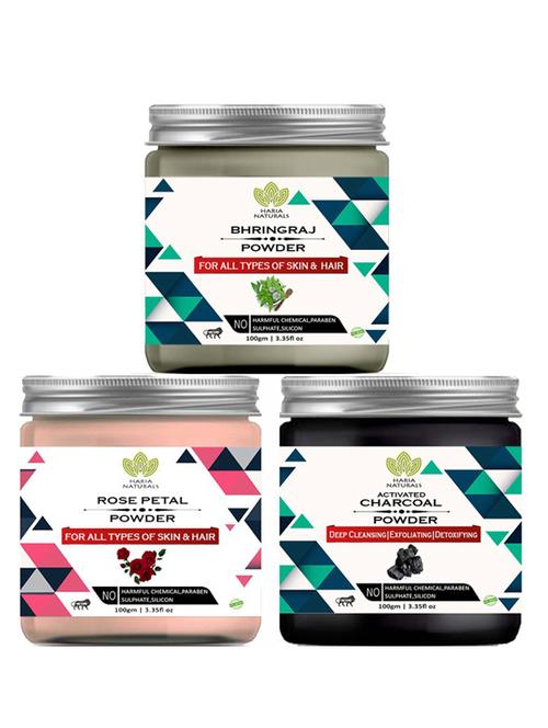 100% pure & naturals bhringraj powder 100gm & rose petal powder 100gm & charcoal powder 100gm (pack of 3) 300gm - 18638703 - Very Small Image - 1