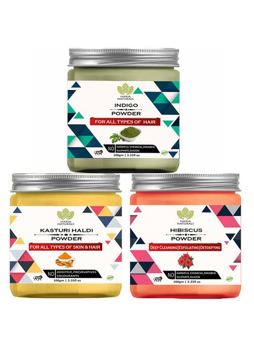 100% pure & naturals indigo powder 100gm & kasturi haldi powder 100gm & hibiscus powder 100gm (pack of 3) 300gm - 18638707 - Very Small Image - 1