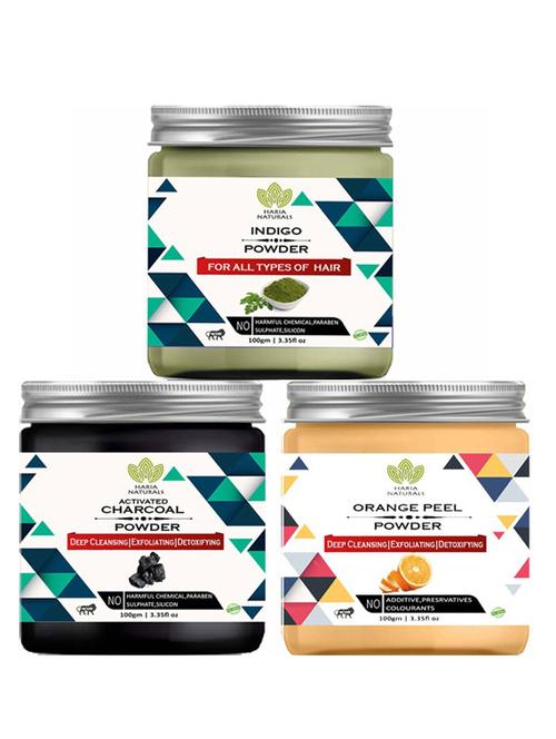 100% pure & naturals indigo powder 100gm & charcoal powder 100gm & orange peel powder 100gm (pack of 3) 300gm - 18638708 - Very Small Image - 1