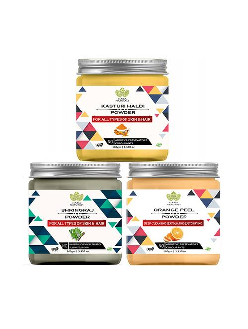 100% pure & naturals kasturi haldi powder 100gm & bhringraj powder 100gm & orange peel powder 100gm (pack of 3) 300gm - 18638737 - Very Small Image - 1