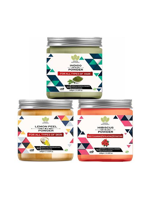 100% pure & naturals indigo powder 100gm & lemon peel powder 100gm & hibiscus powder 100gm (pack of 3) 300gm - 18638743 - Very Small Image - 1