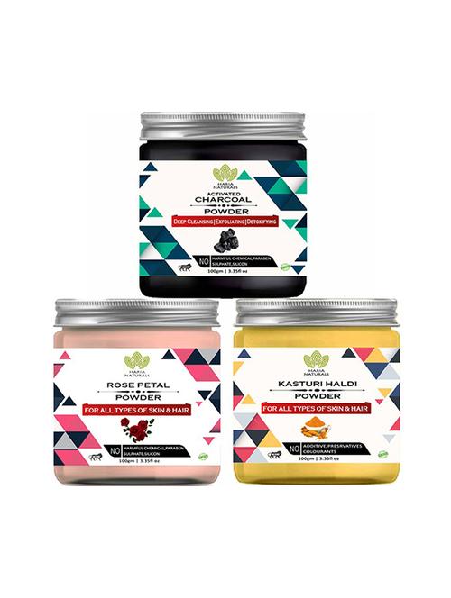 100% pure & naturals charcoal powder 100gm & rose petal powder 100gm & kasturi haldi powder 100gm (pack of 3) 300gm - 18638759 - Very Small Image - 1