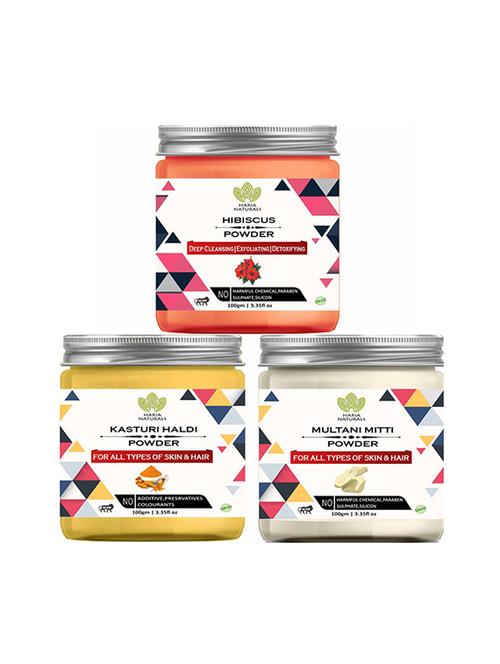 100% pure & naturals hibiscus powder 100gm & kasturi haldi powder 100gm & multani mitti powder 100gm (pack of 3) 300gm - 18638762 - Very Small Image - 1