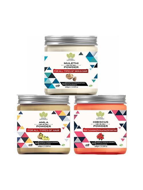 100% pure & naturals mulethi powder 100gm & amla powder 100gm & hibiscus powder 100gm (pack of 3) 300gm - 18638766 - Very Small Image - 1