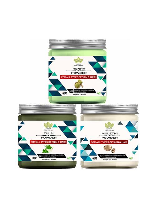 100% pure & naturals henna powder 100gm & tulsi  powder 100gm & mulethi powder 100gm (pack of 3) 300gm - 18638768 - Very Small Image - 1