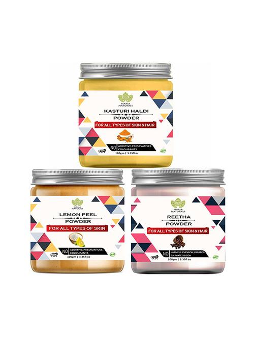 100% pure & naturals kasturi haldi powder 100gm & lemon peel powder 100gm & reetha powder 100gm (pack of 3) 300gm - 18638776 - Very Small Image - 1