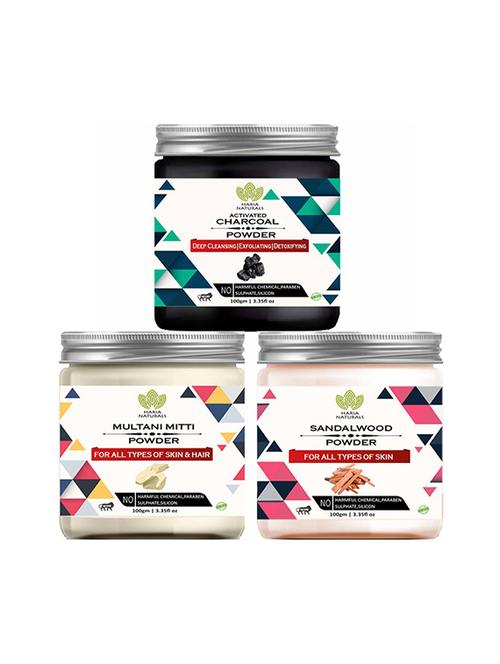100% pure & naturals charcoal powder 100gm & multani mitti powder 100gm & sandalwood powder 100gm (pack of 3) 300gm - 18638779 - Very Small Image - 1
