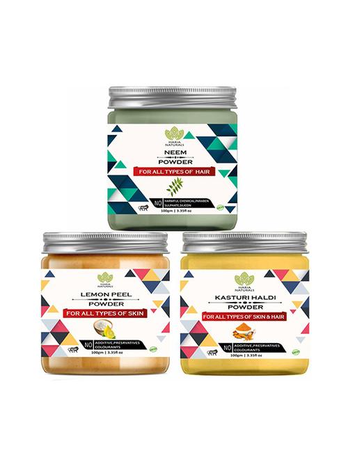 100% pure & naturals neem powder 100gm & lemon peel powder 100gm & kasturi haldi powder 100gm (pack of 3) 300gm - 18638780 - Very Small Image - 1