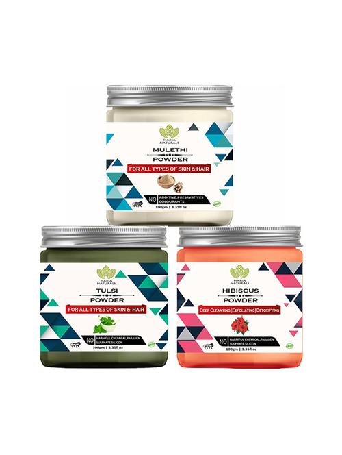 100% pure & naturals mulethi powder 100gm & tulsi powder 100gm & hibiscus powder 100gm (pack of 3) 300gm - 18638788 - Very Small Image - 1