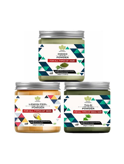 100% pure & naturals indigo powder 100gm & lemon peel powder 100gm & tulsi powder 100gm (pack of 3) 300gm - 18638792 - Very Small Image - 1