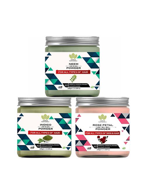 100% pure & naturals neem powder 100gm & indigo powder 100gm & rose petal powder 100gm (pack of 3) 300gm - 18638793 - Very Small Image - 1