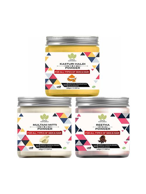100% pure & naturals kasturi haldi powder 100gm & multani mitti powder 100gm & reetha powder 100gm (pack of 3) 300gm - 18638800 - Very Small Image - 1