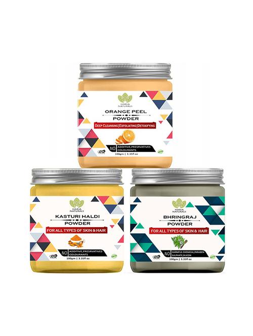 100% pure & naturals orange peel powder 100gm & kasturi haldi powder 100gm & bhringraj powder 100gm (pack of 3) 300gm - 18638814 - Very Small Image - 1
