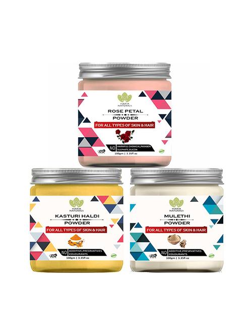 100% pure & naturals rose petal powder 100gm & kasturi haldi powder 100gm & mulethi powder 100gm (pack of 3) 300gm - 18638821 - Very Small Image - 1