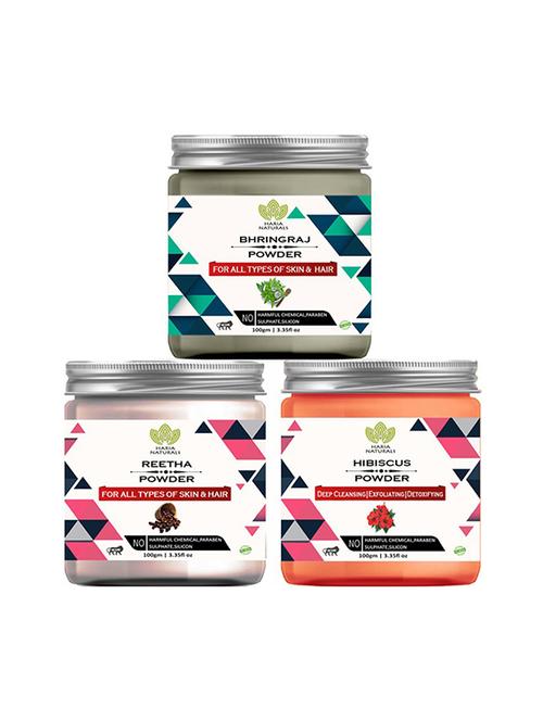 100% pure & naturals bhringraj powder 100gm & reetha powder 100gm & hibiscus powder 100gm (pack of 3) 300gm - 18638825 - Very Small Image - 1