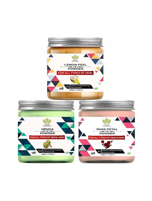 100% pure & naturals lemon peel powder 100gm & henna powder 100gm & rose petal powder 100gm (pack of 3) 300gm - 18638827 - Very Small Image - 1