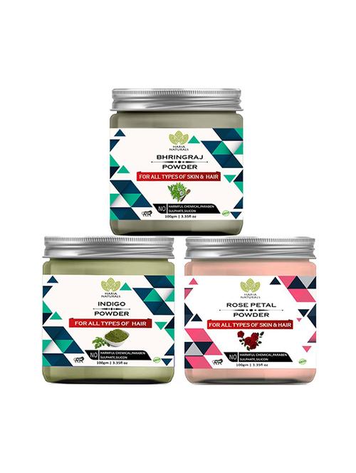 100% pure & naturals bhringraj powder 100gm & indigo powder 100gm & rose petal powder 100gm (pack of 3) 300gm - 18638829 - Very Small Image - 1