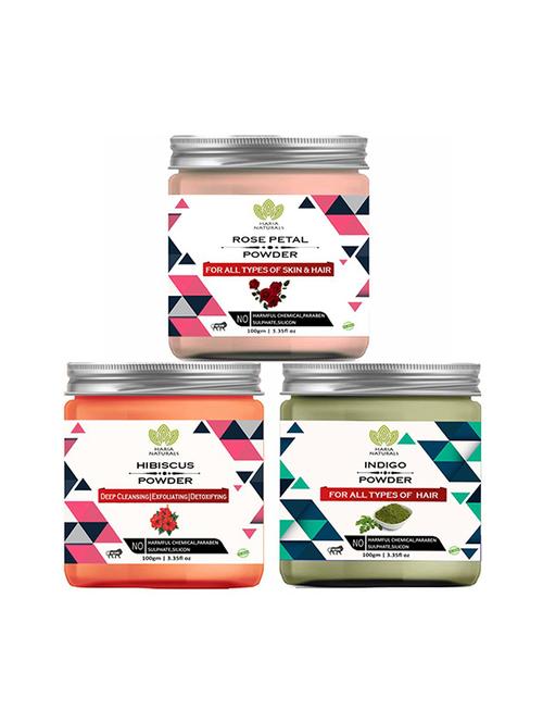 100% pure & naturals rose petal powder 100gm & hibiscus powder 100gm & indigo powder 100gm (pack of 3) 300gm - 18638830 - Very Small Image - 1