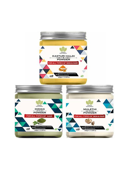 100% pure & naturals kasturi haldi powder 100gm & indigo powder 100gm & mulethi powder 100gm (pack of 3) 300gm - 18638838 - Very Small Image - 1