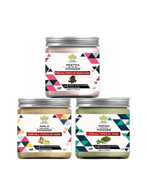 100% pure & naturals reetha powder 100gm & amla powder 100gm & indigo powder 100gm (pack of 3) 300gm - 18638840 - Very Small Image - 1