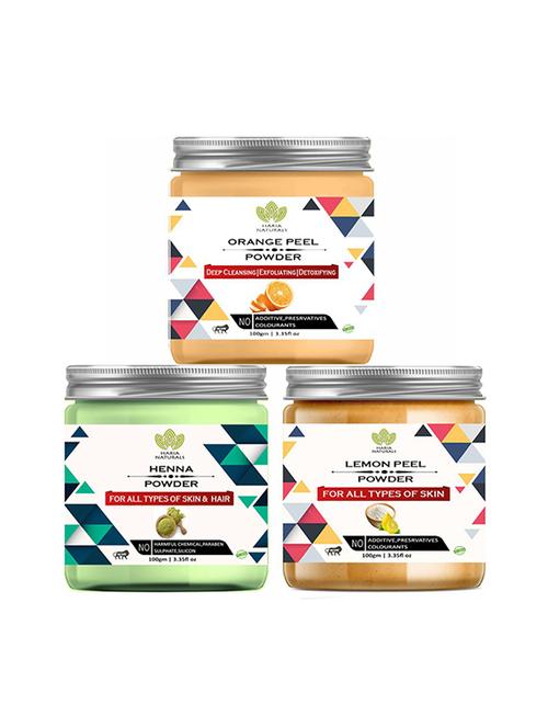 100% pure & naturals orange peel powder 100gm & henna powder 100gm & lemon peel powder 100gm (pack of 3) 300gm - 18638843 - Very Small Image - 1