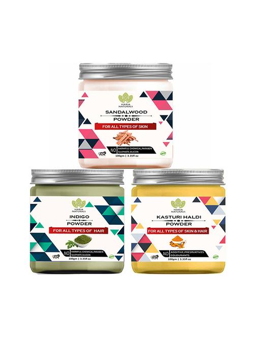 100% pure & naturals sandalwood powder 100gm & indigo powder 100gm & kasturi haldi powder 100gm (pack of 3) 300gm - 18638844 - Very Small Image - 1
