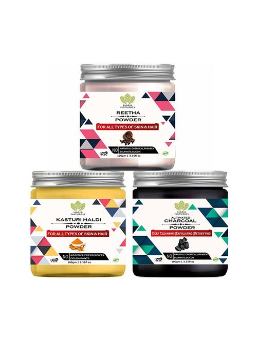 100% pure & naturals reetha powder 100gm & kasturi haldi powder 100gm & charcoal powder 100gm (pack of 3) 300gm - 18638849 - Very Small Image - 1