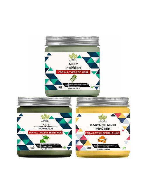100% pure & naturals neem powder 100gm & tulsi powder 100gm & kasturi haldi powder 100gm (pack of 3) 300gm - 18638851 - Very Small Image - 1