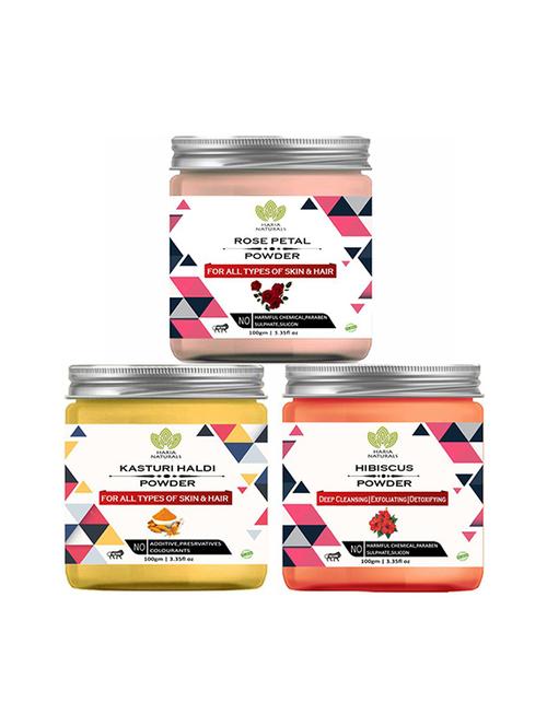 100% pure & naturals rose petal powder 100gm & kasturi haldi powder 100gm & hibiscus powder 100gm (pack of 3) 300gm - 18638855 - Very Small Image - 1