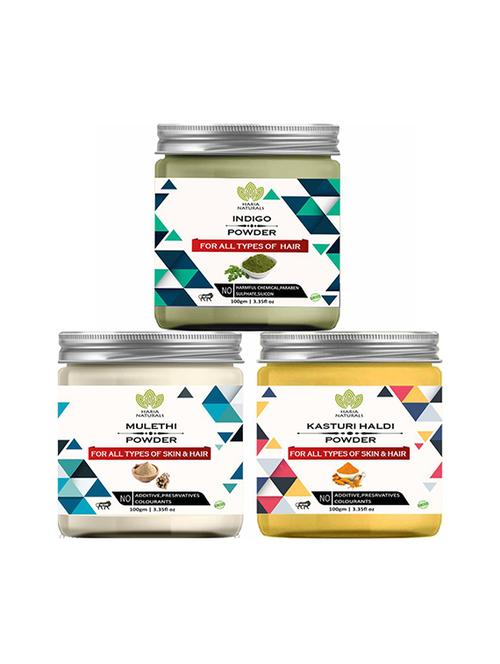 100% pure & naturals indigo powder 100gm & mulethi powder 100gm & kasturi haldi powder 100gm (pack of 3) 300gm - 18638858 - Very Small Image - 1