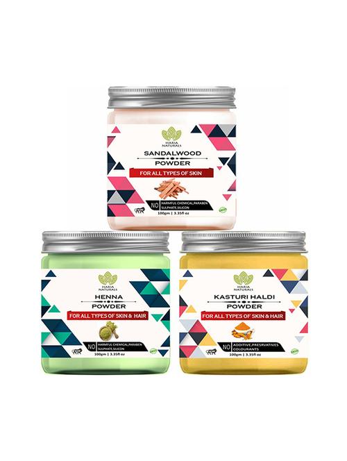 100% pure & naturals sandalwood powder 100gm & henna powder 100gm & kasturi haldi powder 100gm (pack of 3) 300gm - 18638860 - Very Small Image - 1