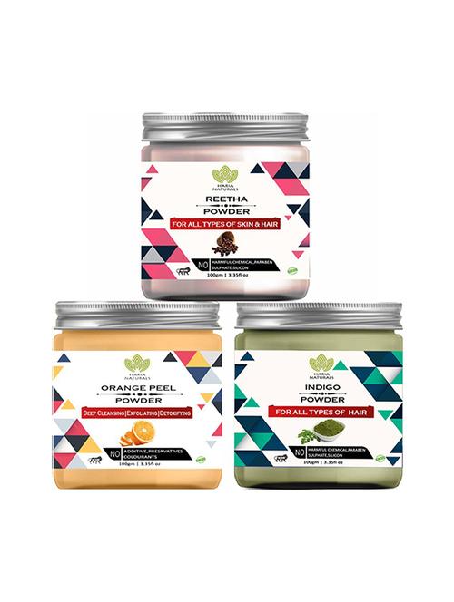 100% pure & naturals reetha powder 100gm & orange peel powder 100gm & indigo powder 100gm (pack of 3) 300gm - 18638878 - Very Small Image - 1